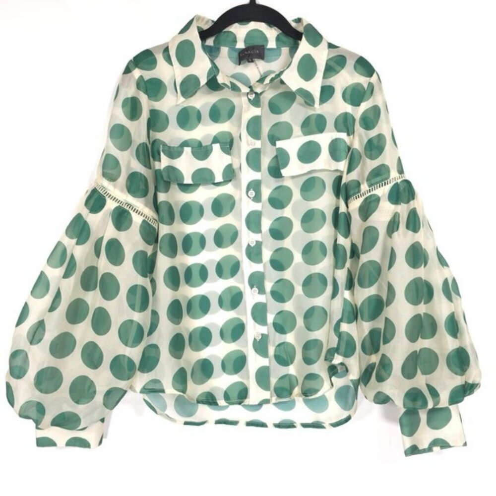 GRACIA Women's Top SMALL Sheer Polka‎ Green Button Front Blouse